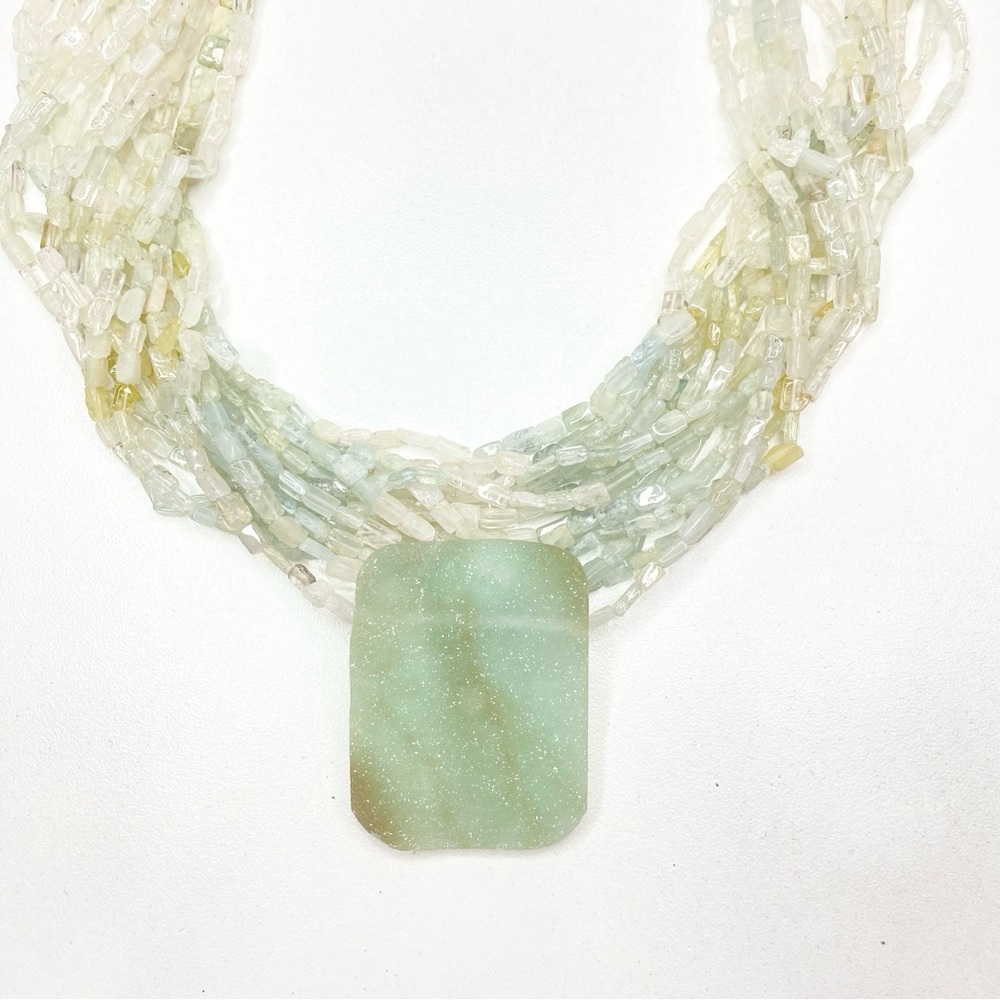 Vintage Pale Green Multi-Strand Beaded Necklace with Rectangular Pendant - Picture 4 of 15
